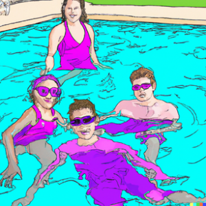 Traveling with a Teen with Anorexia in FBT [Drawing of a famiy in a swimming pool] Represents a family receiving FBT for anorexia in California on vacation