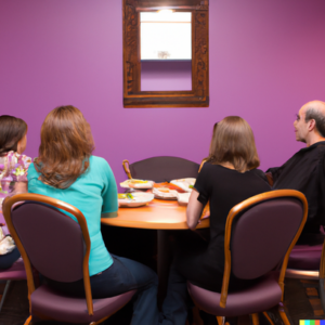 family at family meal in FBT [Image description: a family with their backs to us sits around a table] Represents a potential family in California receiving FBT for their teens eating disorder