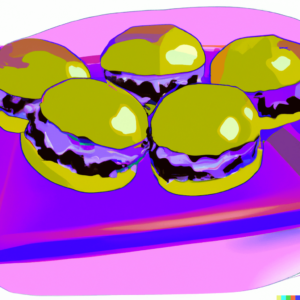 Treatment for Binge Eating Disorder in Los Angeles California [Image description: purple plate holding 5 cheeseburgers] Represents a potential binge meal for a patient seeking treatment in Los Angeles California
