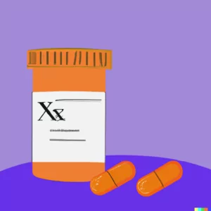 Medication for an Eating Disorder in Los Angeles, CA [Image description: drawing of 2 pills outside of a prescription pill bottle, representing potential medication for a patient with an Eating Disorder in California]