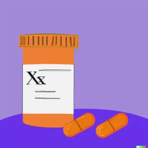 Vyvanse medication for Binge Eating Disorder in Los Angeles, CA [Image description: drawing of 2 pills outside of a prescription pill bottle, representing potential Vyvanse for a patient with Binge Eating Disorder in California]