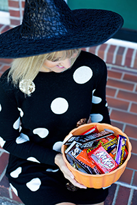 Fear Food [image description: woman in witch hat holding bowl of halloween candy]