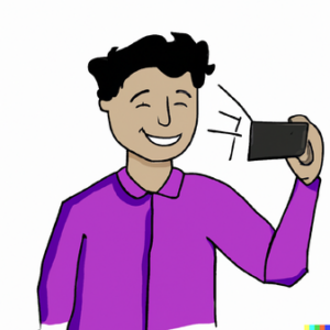 Body avoidance and photos in eating disorder recovery in Los Angeles, California [Image description: drawing of a man smiling and looking at his mobile phone] Represents a potential client with an eating disorder taking a selfie