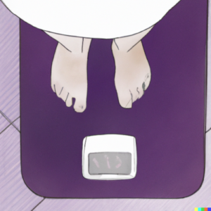 Weight gain in bulimia recovery [Image description: drawing of a person's feet on a purple bathroom scale] Represents a potential client with bulimia in counseling in Los Angeles, California