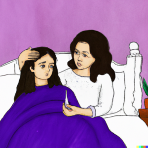 When your teen with an eating disorder is sick during recovery [Image description: drawing of a daughter in bed and appears ill and her mother is holding her head and a thermometer] Represents a parent caring for a teen with an eating disorder in Los Angeles, California 