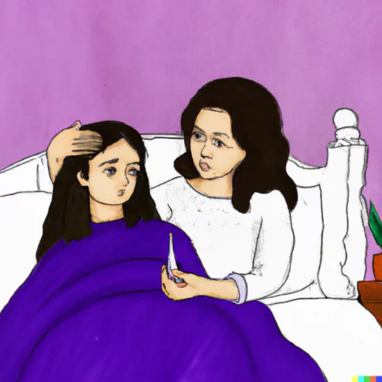 When your teen with an eating disorder is sick during recovery [Image description: drawing of a daughter in bed and appears ill and her mother is holding her head and a thermometer] Represents a parent caring for a teen with an eating disorder in Los Angeles, California