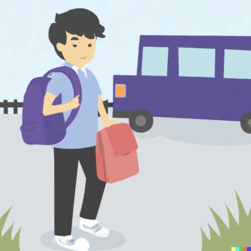 Getting ready for school with eating disorder [Image description: drawing of a boy with a backpack and lunch box and there is a purple school bus in the background] Represents a teen or child with an eating disorder in Los Angeles, California