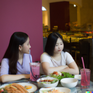 Meal support for Eating Disorder Recovery in Los Angeles, California [Image description: 2 Asian young women eating together] Depicts a potential young adult supporting a friend in eating disorder recovery in Los Angeles, CA via meal support
