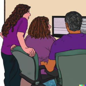 Online Family-Based Treatment or Video FBT Therapy in Los Angeles, California [Image description: drawing of a teen and her parents in front of a computer screen] Represents a potential teen with an eating disorder and her family receiving online FBT in California 