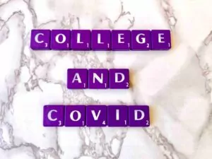 College, Covid, and Eating Disorders in California [Image description: purple scrabble tiles that spell "college and Covid"] 