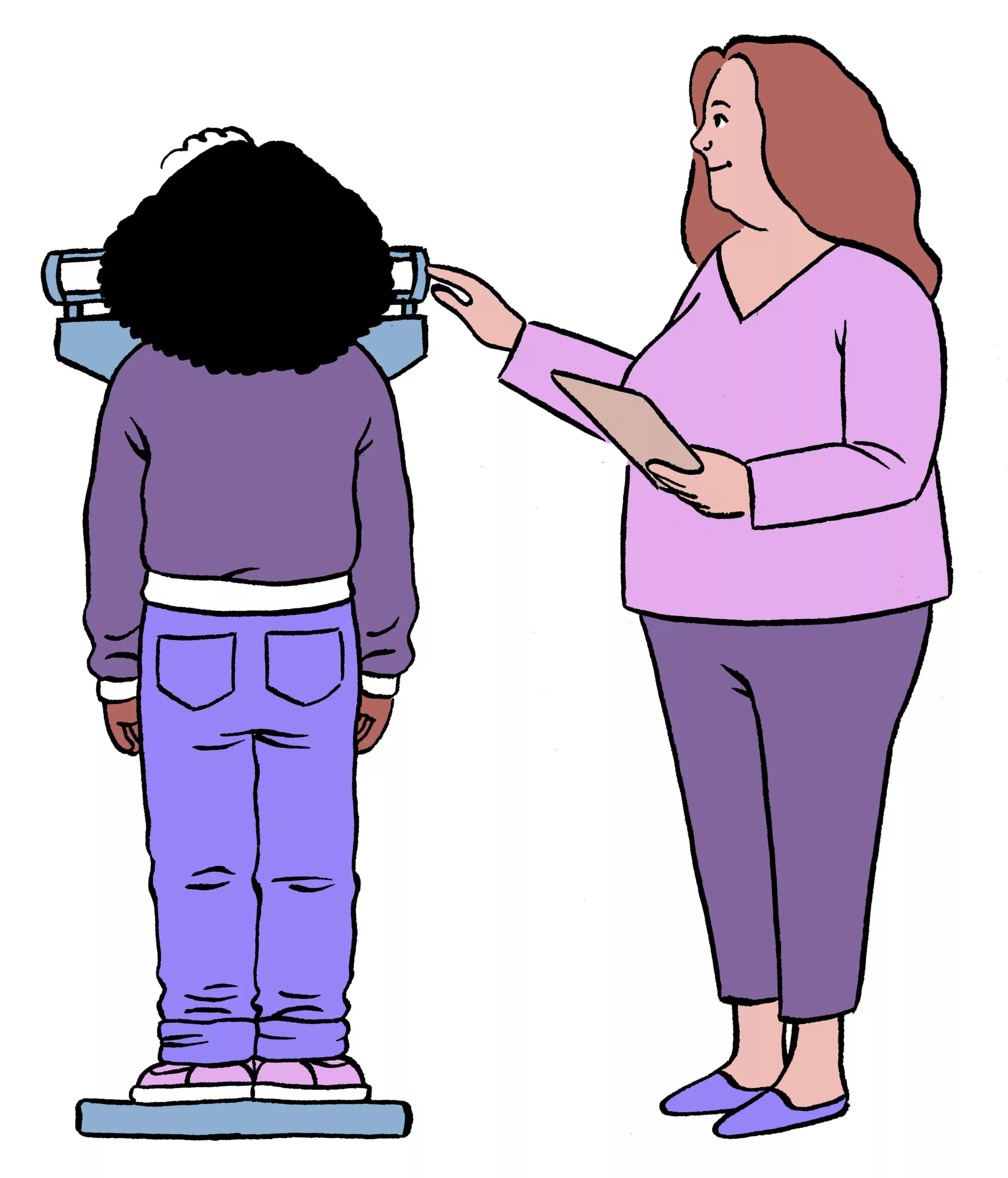 How we set recovery weights [Image description: Drawing of a doctor weighing a teen patient] depicts potential person with an eating disorder receiving therapy in Los Angeles, California