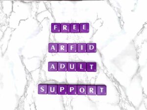 Free ARFID Adult Support Group Online in California [Image description: purple scrabble tiles that spell "Free ARFID Adult Support Group"]