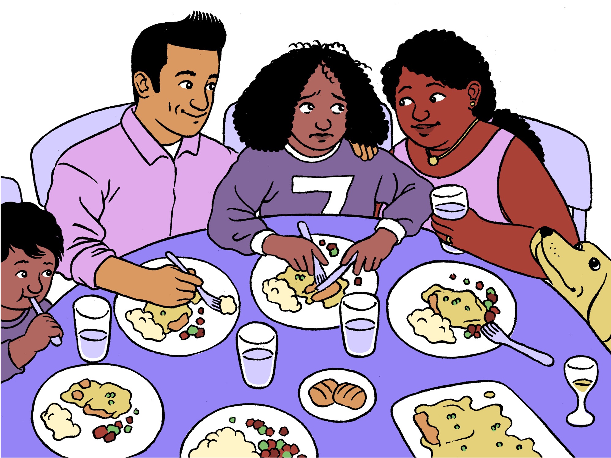 Illustrated image of a teen girl sitting at a meal with parents on either side and a younger brother and a dog illustrating a family doing Family-based treatment --FBT-- for eating disorders