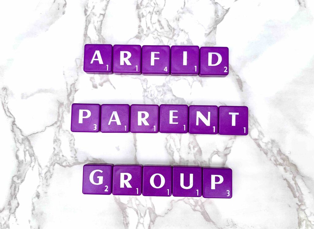 ARFID Parent Group for parents in any location over Zoom [Image description: purple scrabble tiles spelling: "ARFID Parent Group"]