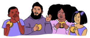 HAES, Body Diversity, Joyful Eating in Eating Disorder Recovery [Image description: drawing of 4 body diverse people eating hamburgers] Represent possible clients for eating disorder counseling in Los Angeles, California 