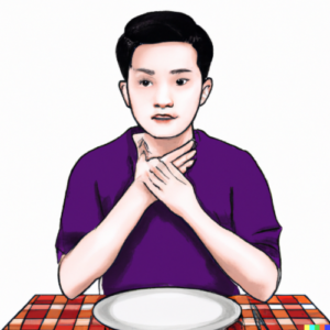 Swallowing, vomiting, and choking phobias [Image description: a young man in front of an empty plate, holding his neck] Representing a potential client with a choking phobia in Los Angeles, CA 