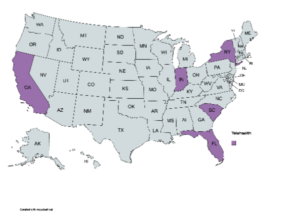 Online Eating Disorder Therapy in California, New York, Indiana, South Carolina, and Florida [Image description: map showing purple states of Caliornia, Indiana, Florida, South Carolina, and New York where we can provide online eating disorder therapy]