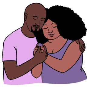 Supporting Someone with an Eating Disorder in Los Angeles, California [Image description: drawing of a black man and black woman embracing] Represents a potential client with an eating disorder in Los Angeles, California being supported by a partner