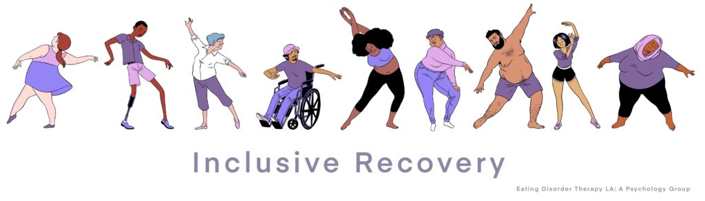 Illustrated image of multiple dancers of various body shapes, sizes and abilities with the text "Inclusive Recovery" underneath. Demonstrating Body Diversity. Eating Disorder Treatment in Los Angeles, CA and online eating disorder treatment throughout the state of California including San Francisco, Sacremento, San Diego, Newport Beach, and beyond!