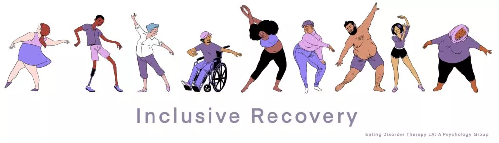 Illustrated image of multiple dancers of various body shapes, sizes and abilities with the text "Inclusive Recovery" underneath. Demonstrating Body Diversity. Eating Disorder Treatment in Los Angeles, CA and online eating disorder treatment throughout the state of California including San Francisco, Sacremento, San Diego, Newport Beach, and beyond!