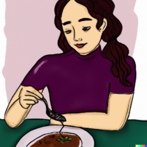 Adults with ARFID in Los Angeles, California [Image description: drawing of a woman looking at her food and eating very slowly] Represents a potential adult patient with ARFID seeking counseling in Los Angeles, California