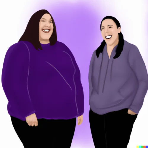 Is Weight Suppression Driving Your Binge Eating? in Los Angeles, California [Image description: drawing of two women wearing purple sweaters and one is fat] Represents potential person overcoming weight suppression during eating disorder therapy in Los Angeles, California