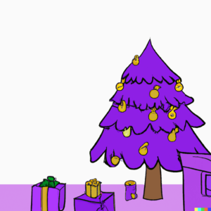 Holiday Meal and Eating Disorders in Los Angeles, California [Image description: drawing of a purple Christmas tree with presents] represents a potential decorated house of a family with a person with an eating disorder celebrating the holidays