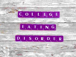 College Eating Disorder in Los Angeles, California [Image description: purple scrabble tiles spelling "College Eating Disorders"]