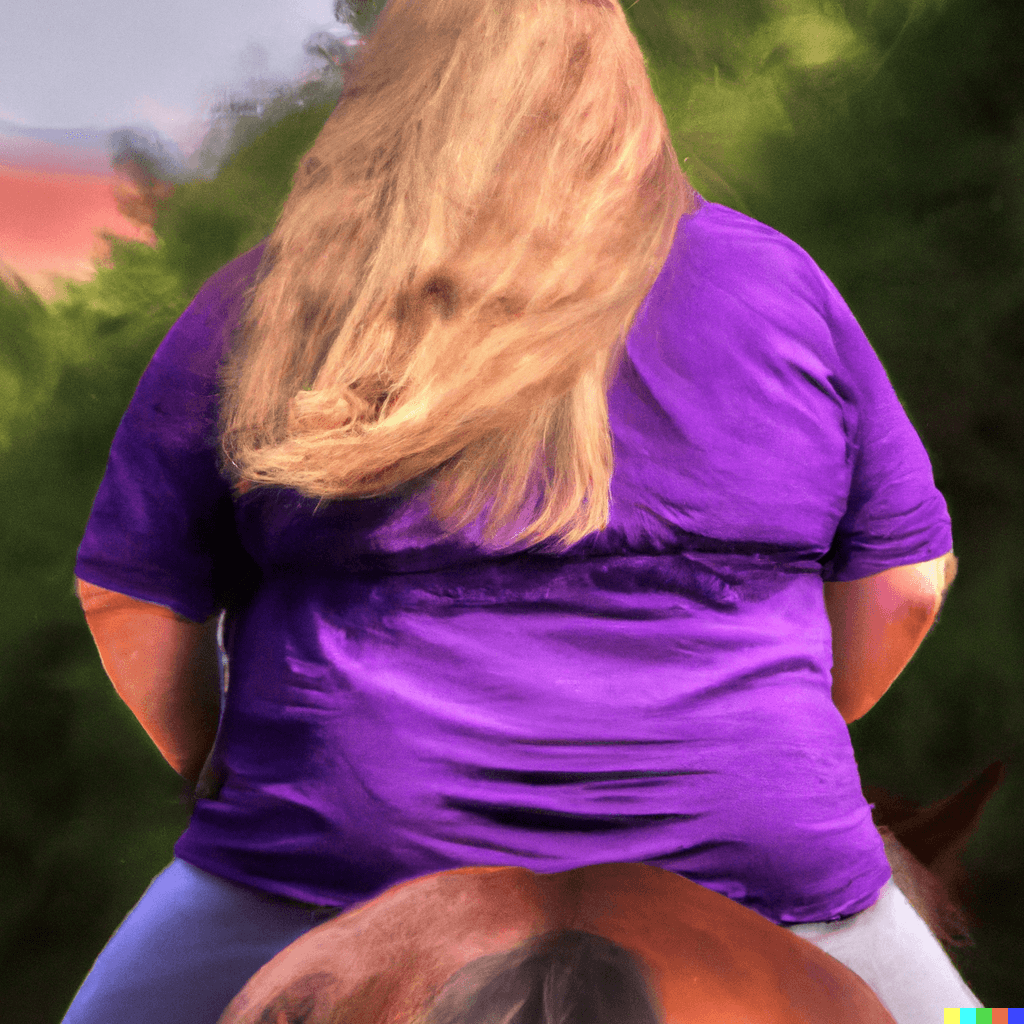 Horseback riding when fat [Image description: back of a fat person with long flowing blonde hair and a purple shirt, riding a horse]