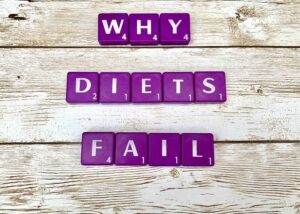 Why Diets Fail [Image description: purple scrabble tiles spelling "Why diets fail"] 