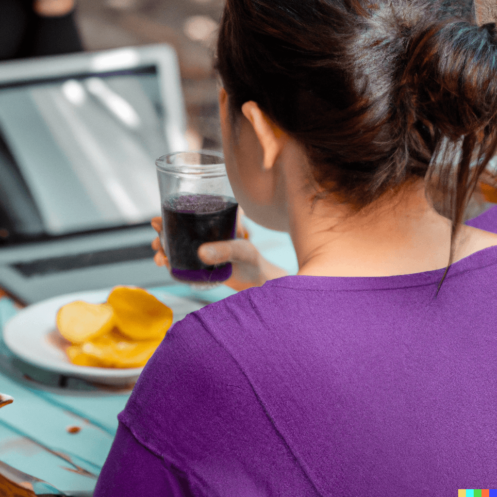 Meal Support for Eating Disorder Recovery [Image description: the back of a female eating in front of a computer screen] Represents a possible person seeking online meal support for eating disorder recovery in Los Angeles, California