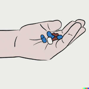 Weight loss medications like Wegovy, Saxenda, and Ozempic in Los Angeles, California [Image description: drawing of a hand holding various pills] Depicts potential person in California taking weight loss medications