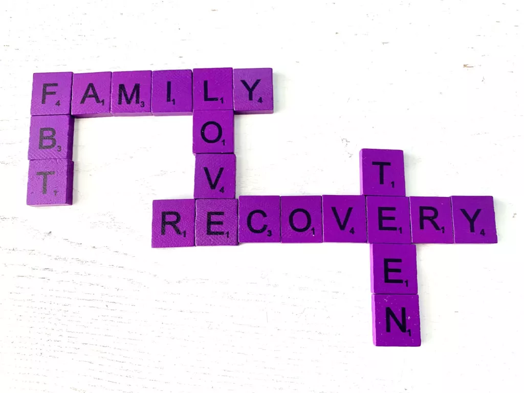 Family-Based Treatment for Eating Disorders in Los Angeles, California [Image description: purple scrabble tiles with the words: FBT, Family, Love, Teen, and Recovery]