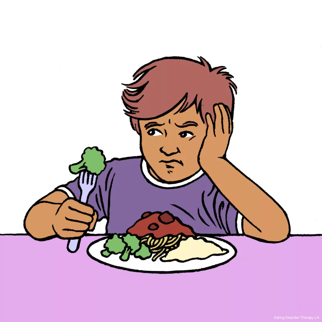 Child with ARFID - Therapy for Avoidant Restrictive Food Intake Disorder (ARFID) in Los Angeles, California [Image description: drawing of a boy with a plate of food looking anxiously at the food on his fork] Represents a potential child client receiving treatment for ARFID in California