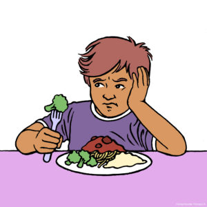 Therapy for Avoidant Restrictive Food Intake Disorder (ARFID) in Los Angeles, California [Image description: drawing of a boy with a plate of food looking anxiously at the food on his fork] Represents a potential child client receiving treatment for ARFID in California