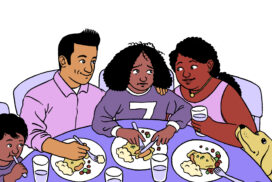 Family-based treatment for teen eating disorders in Los Angeles, California online or virtual [Photo description: drawing of a teen sitting at the dinner table and her parents are seated on either side. her brother and a dog are present. Her parents look very loving and supportive] Depicts a potential family receiving Family-Based Treatment in California
