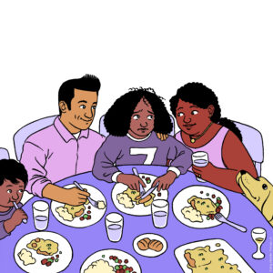 Family-based treatment for teen eating disorders in Los Angeles, California online or virtual [Photo description: drawing of a teen sitting at the dinner table and her parents are seated on either side. her brother and a dog are present. Her parents look very loving and supportive] Depicts a potential family receiving Family-Based Treatment in California