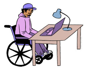 Online therapy for eating disorders [Image description: a young man in a baseball cap and sitting in a wheelchair at a desk in front of a computer] Represents a possible client for online or virtual eating disorder therapy in California