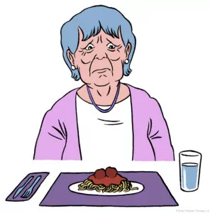 Treatment for Swallowing, Choking, and Vomiting Photos [Image description: a drawing of an older woman sitting in front of a meal and she appears anxious about eating] Represents a possible person seeking treatment for a swallowing, vomiting, or choking phobia in Los Angeles, California