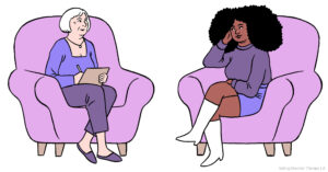 Therapy for Eating Disorders in Los Angeles, CA [Image description: two adult women sitting in chairs depicting a potential bulimia therapy client in treatment for eating disorders in Los Angeles, California]