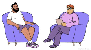 Binge Eating Disorder Therapy In Los Angeles, California [Image description: drawing of two adults in therapy chairs representing a potential adult seeking therapy for bulimia nervosa in Los Angeles, CA]