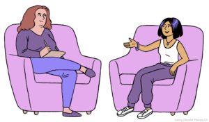 Treatment for Anorexia Nervosa in Los Angeles, CA [Image description: drawing of two women seated in therapy chairs depicting a potential client seeking therapy for anorexia nervosa in Los Angeles, CA]
