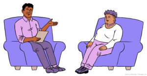 Therapy for Atypical Anorexia in Los Angeles, California [Image description: a drawing of two adults sitting in a therapy session representing a potential patient seeking therapy for atypical anorexia in Los Angeles, CA]