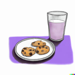 Dairy and Eating Disorder Recovery [Image descripton: Drawing of a Glass of cow's milk and cookies] Represents a possible snack of a person recovering from an eating disorder in Los Angeles, California