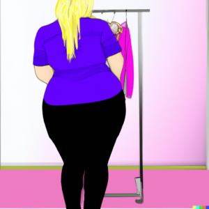 Shopping While Fat in Recovery [Image description: drawing of a back of a larger-bodied woman looking at clothes on a clothing rack] Represents a potential client in recovery from an eating disorder
