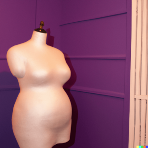 Fat mannequin in Los Angeles, California [Image description: a photo of a fat female mannnequin in front of a purple wall] Represents a body of a potential person in eating disorder recovery