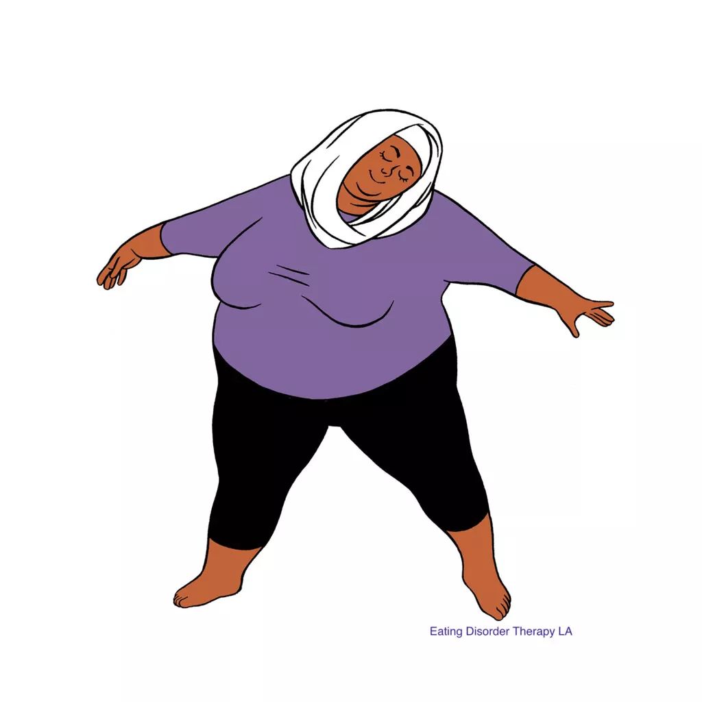 Recovering into a Bigger Body in Eating Disorder Recovery in Los Angeles, California [Image description: a larger woman with a head covering depicting a potential fat person in recovery from an eating disorder]