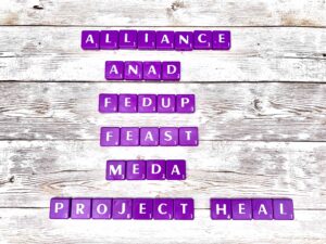 Eating Disorder Organizations [Image description: purple scrabble tiles spelling out: "Alliance, ANAD, FEDUP, FEAST, MEDA, and Project Heal"] Represents recommended Eating Disorder Organizations in the US