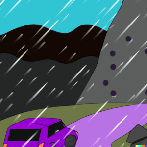 Relapse Prevention Potentially triggering situations - driving in bad weather [Image description: drawing of a car on a mountain road and there is rain and rocks falling] Represents a potentially trigger situation for a patient in eating disorder recovery in Los Angeles, California