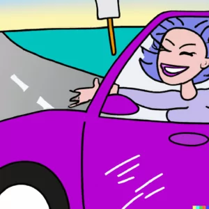 Eating Disorder Recovery Journey [Image description: drawing of a happy woman driving in a purple car] Represents a client in eating disorder recovery in Los Angeles, California
